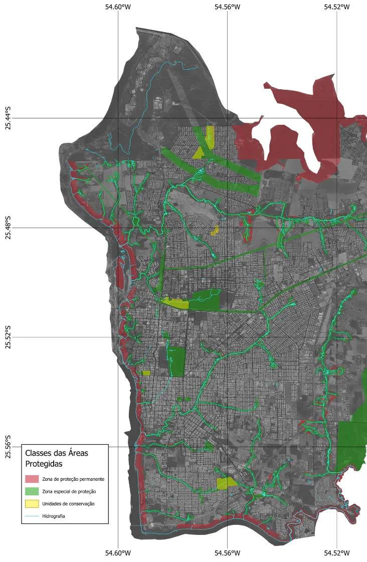 Mapa das áreas protegidas de Foz do Iguaçu, com zonas de proteção permanente em vermelho, zonas especiais de proteção em verde, unidades de conservação em amarelo e hidrografia em azul
