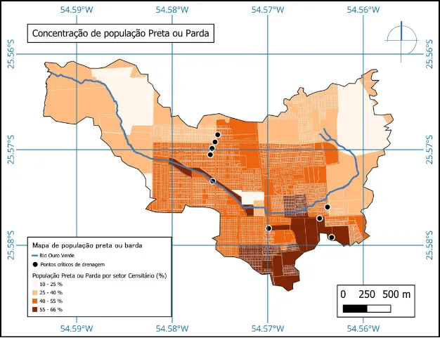 Mapa da concentração de população preta ou parda por setor censitário, em tons de laranja a marrom, com o Rio Ouro Verde e pontos críticos de drenagem em preto