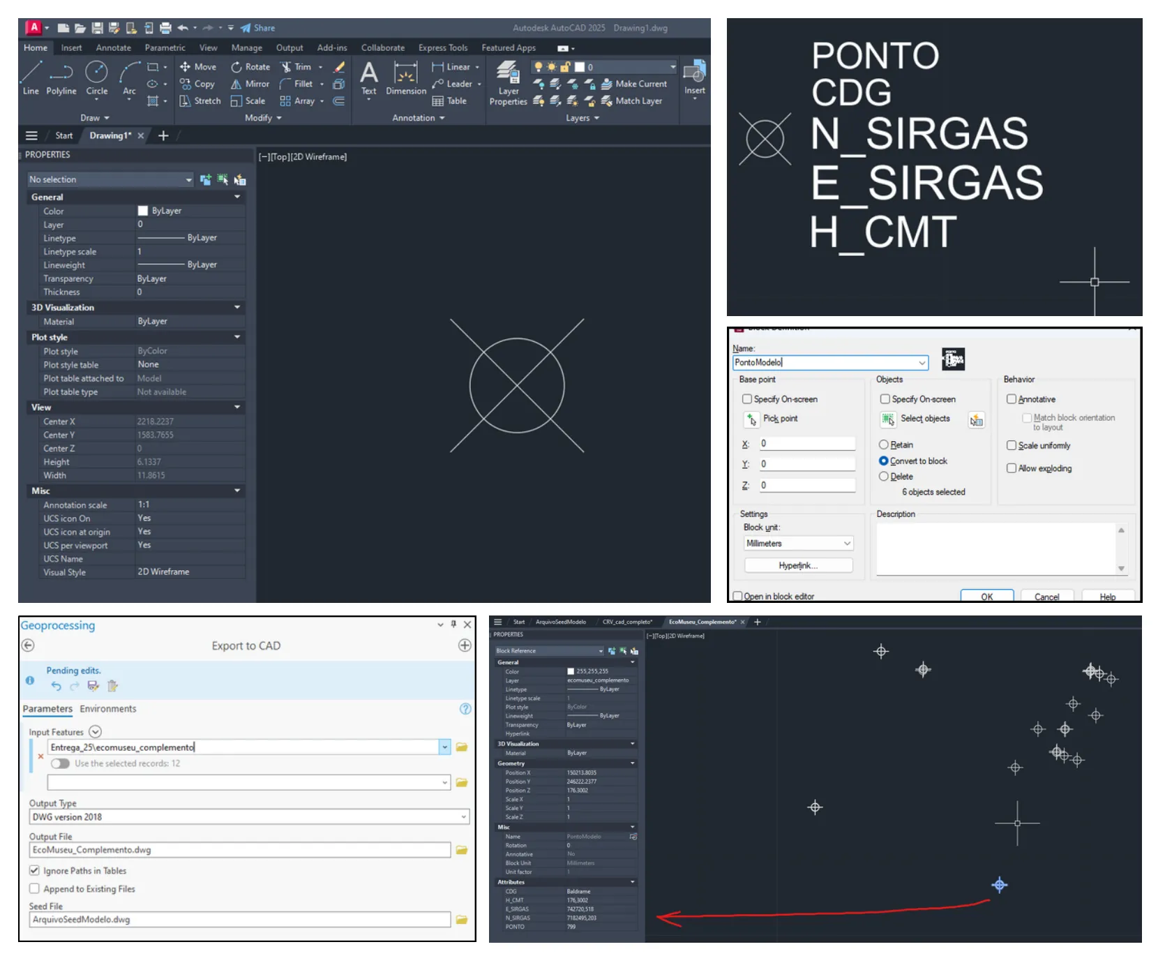 Telas da ferramenta Export to CAD do ArcGIS Pro e do AutoCAD, com bloco de ponto e seus atributos de coordenadas e cota