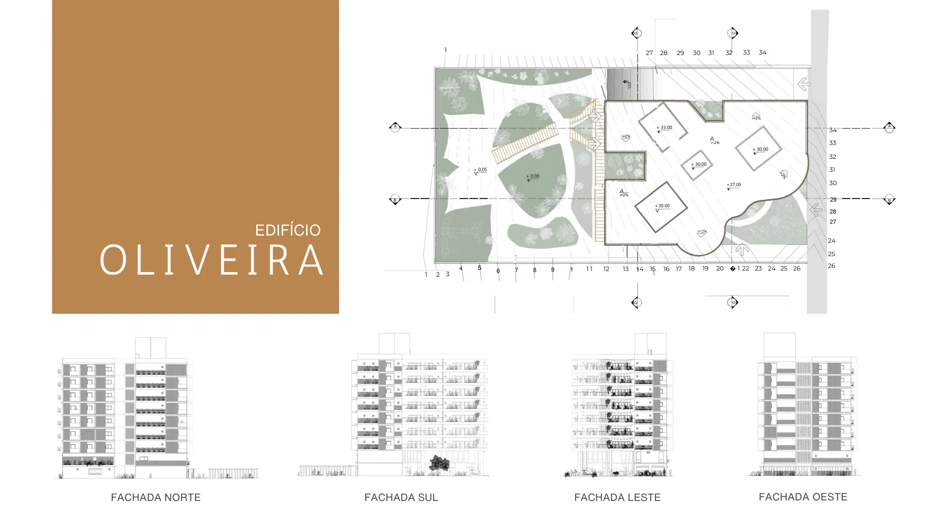 Prancha do Edifício Oliveira com a planta de implantação e as fachadas norte, sul, leste e oeste