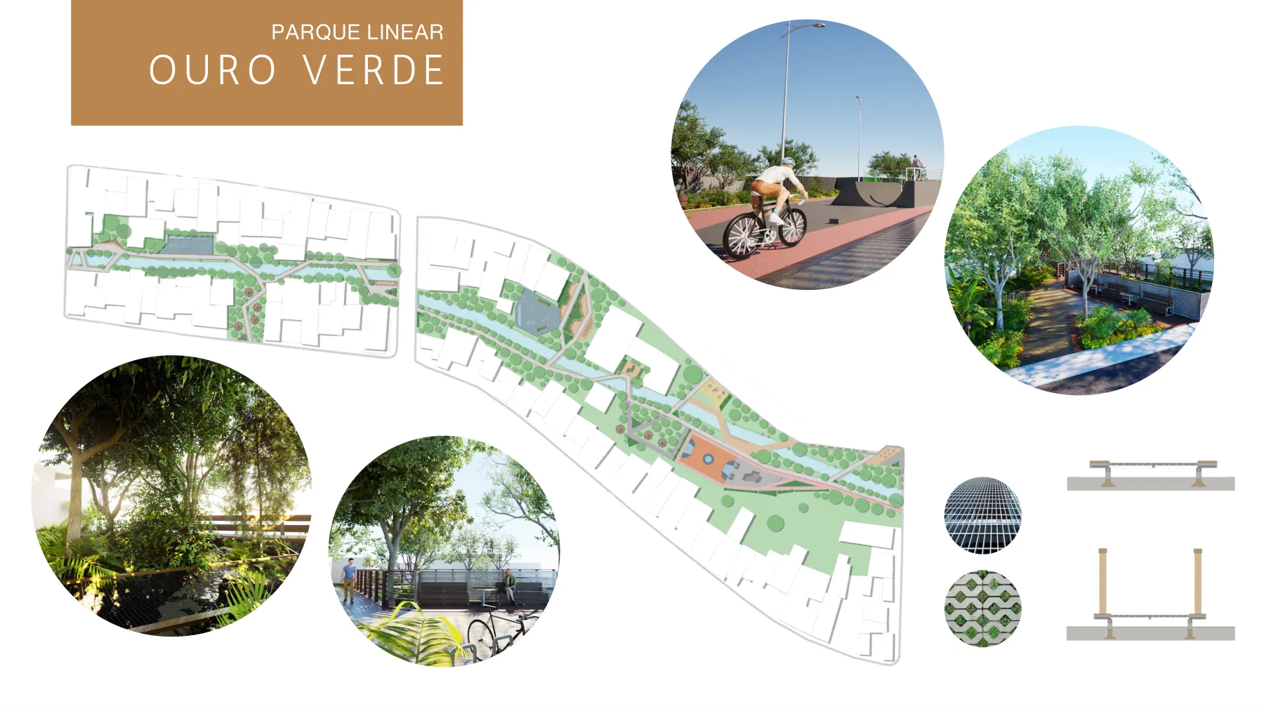 Prancha do Parque Linear Ouro Verde com plantas do parque ao longo do córrego, perspectivas com ciclista e áreas de estar e detalhes de piso e passarela