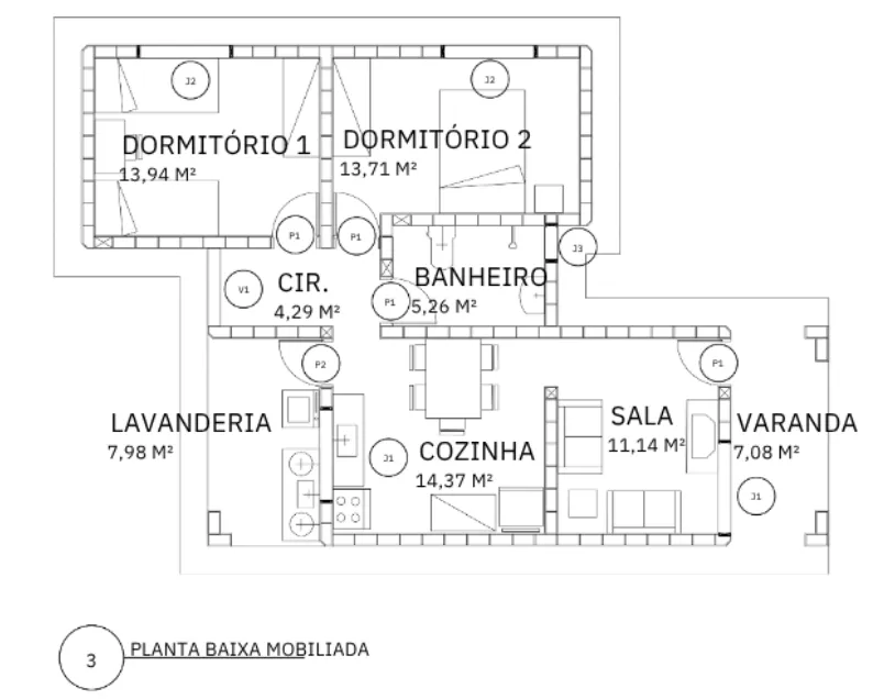 Planta baixa mobiliada com dois dormitórios, banheiro, sala, cozinha, lavanderia, varanda e áreas de cada cômodo