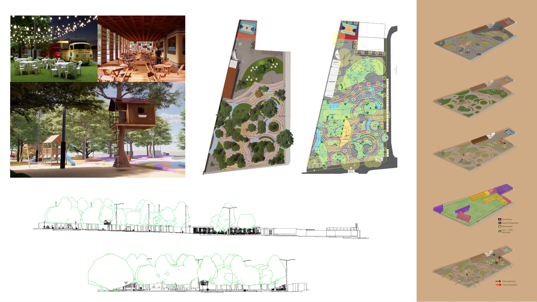 Prancha da Praça Três Lagoas com imagens do playground, plantas gerais, cortes e esquemas de setorização